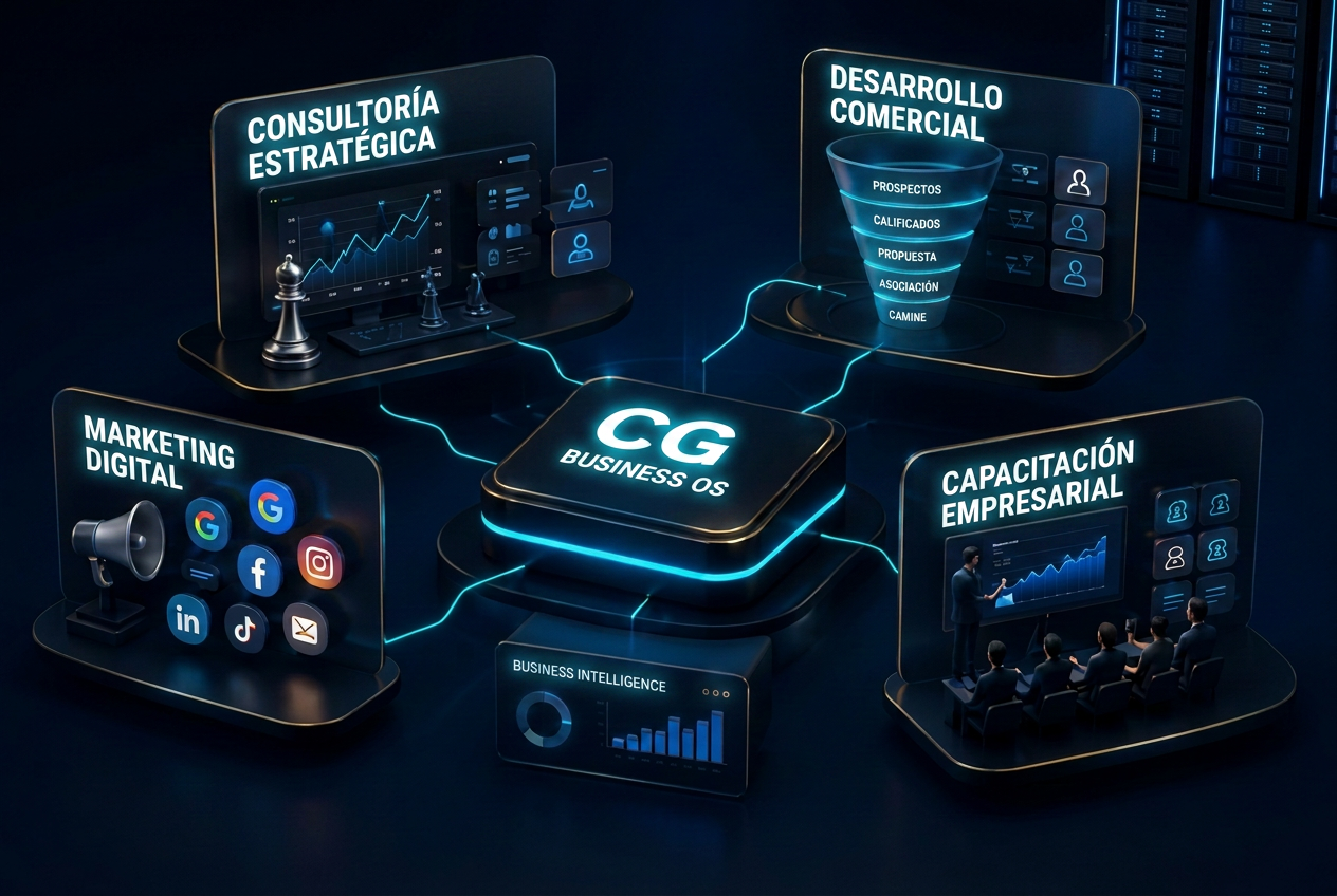 Ecosistema CG Business OS: consultoría estratégica, desarrollo comercial, marketing digital, capacitación empresarial y business intelligence
